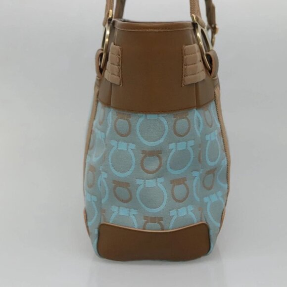 Salvatore Ferragamo Gancini Tote Bag Canvas Leather Light Blue Gold Auth gh706 - Picture 5 of 16